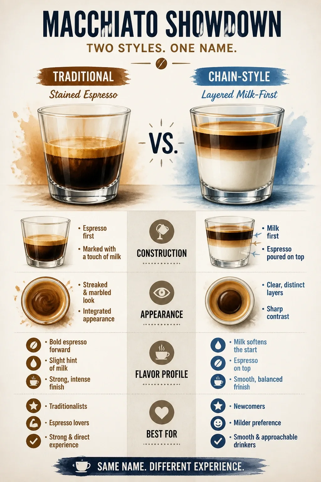 Side-by-side 3D infographic comparing traditional stained espresso vs chain-style layered milk-first macchiato