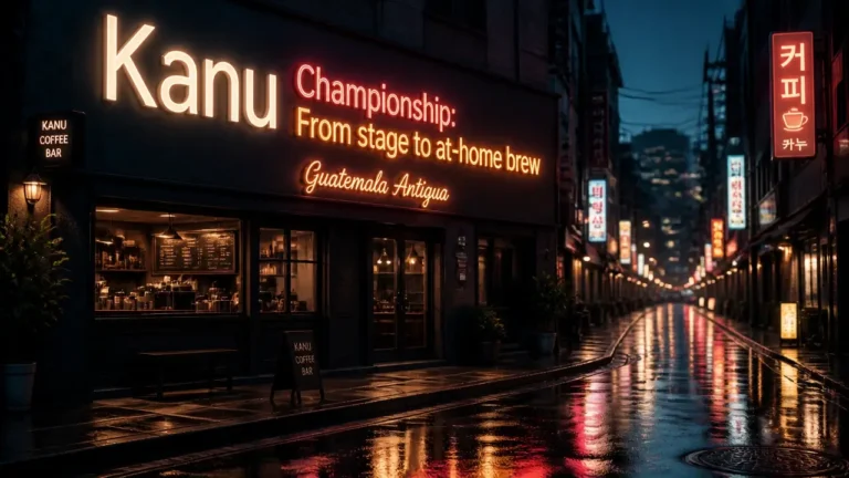Kanu Barista Championship at-home coffee campaign: neon Seoul street sign with Guatemala Antigua text at dusk