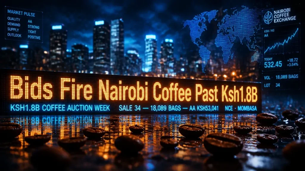 Kenya coffee auction week LED ticker showing Ksh1.8B over scattered coffee beans and city bokeh.