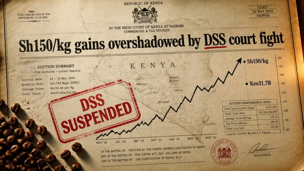 Kenya coffee reforms documentary overlay with rising price graph and red DSS suspended stamp over auction records.