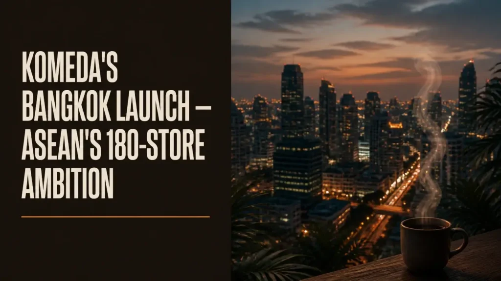 Komeda Coffee Thailand launch headline beside warm Bangkok dusk skyline in split editorial composition.