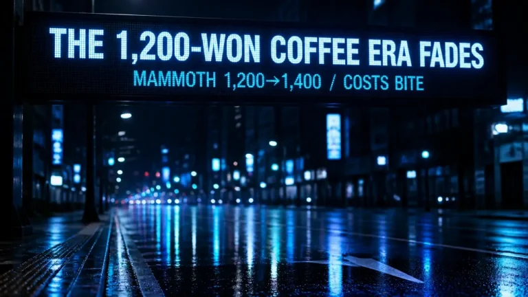 LED ticker over rainy Seoul street reads budget coffee prices climb, with 200-won cost pressure in cyan glow