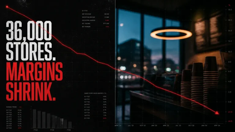 Bold typography reading 36,000 stores, margins shrink over dark split composition with blurred coffee shop scene for Luckin Coffee Q2.