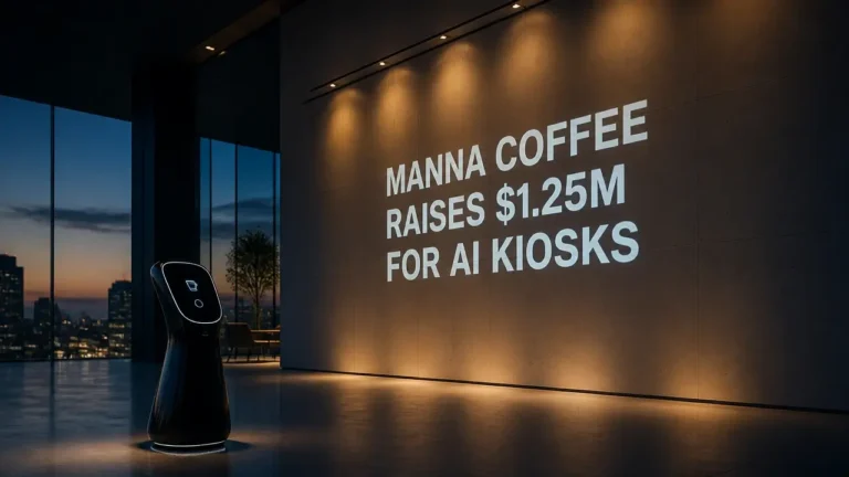 Manna Coffee’s AI autonomous coffee kiosk expansion shown as projected typography on sleek architectural surfaces.