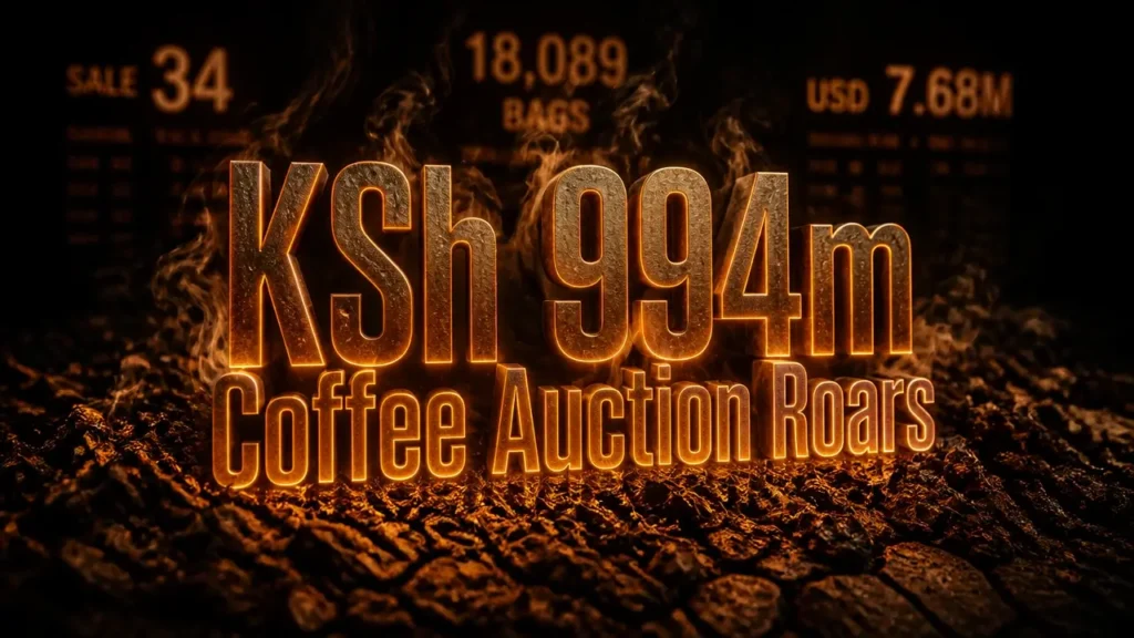 Dramatic 3D typography reading KSh 994m on a dark coffee texture; Nairobi Coffee Exchange Sale 34 record auction.