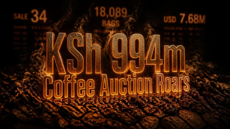 Dramatic 3D typography reading KSh 994m on a dark coffee texture; Nairobi Coffee Exchange Sale 34 record auction.