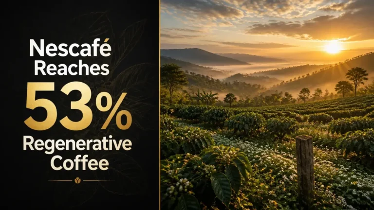 Split composition with bold typography reading 'Nescafé Reaches 53% Regenerative Coffee' paired with a golden hour coffee farm landscape showing healthy intercropped fields