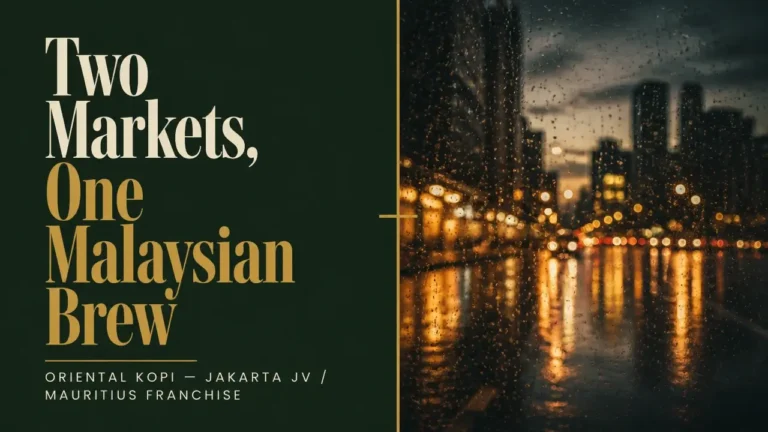 Oriental Kopi expansion editorial split: green panel with two-market headline beside blurred dusk city bokeh