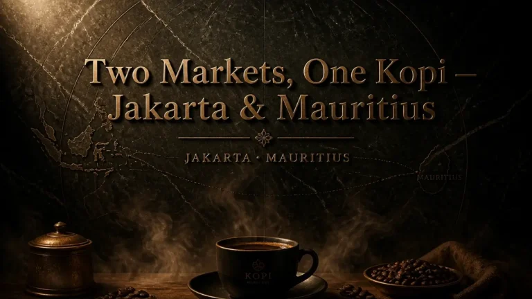 Bronze embossed Oriental Kopi expansion headline on dark marble with Jakarta and Mauritius as engraved route text