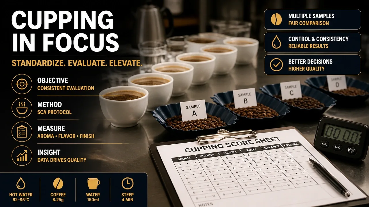 Macro documentary shot of a professional cupping table with scoring sheets, cupping bowls, and sample roasters arranged for standardized evaluation.