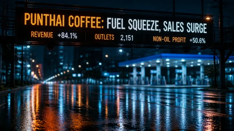 Glowing digital ticker shows PunThai Coffee fuel-price squeeze and sales growth on a rainy Bangkok night