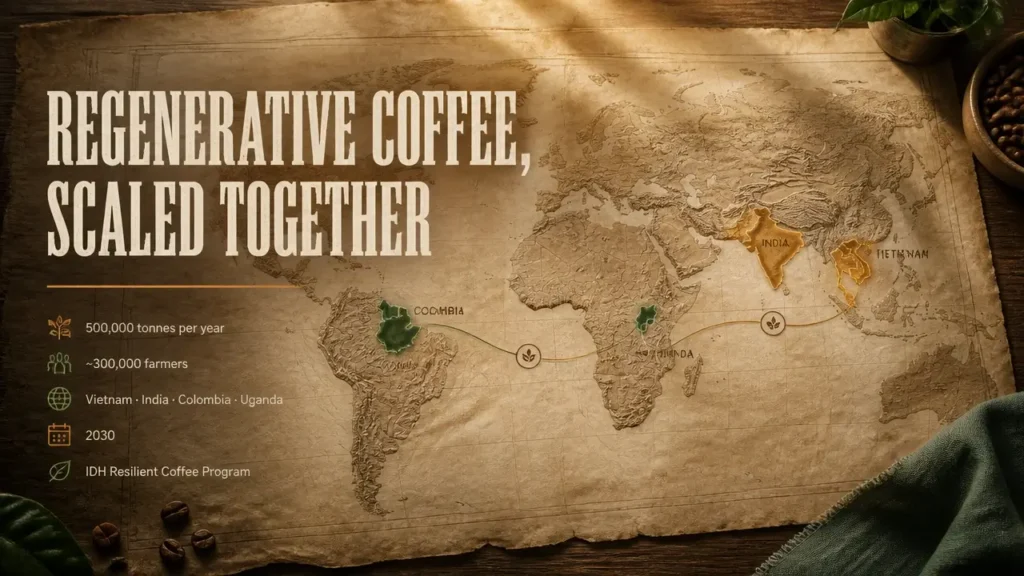 Cartographic coffee-origins map with 'Regenerative Coffee, Scaled Together' typography and 500,000 tonnes statistic in warm amber and forest green.