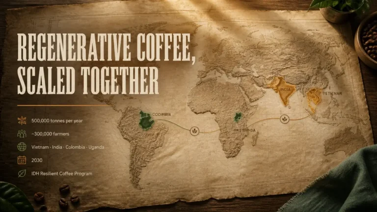 Cartographic coffee-origins map with 'Regenerative Coffee, Scaled Together' typography and 500,000 tonnes statistic in warm amber and forest green.
