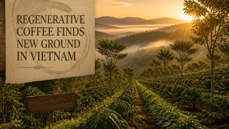Regenerative coffee in Vietnam: shade trees, cover crops, golden-hour highlands, typographic overlay