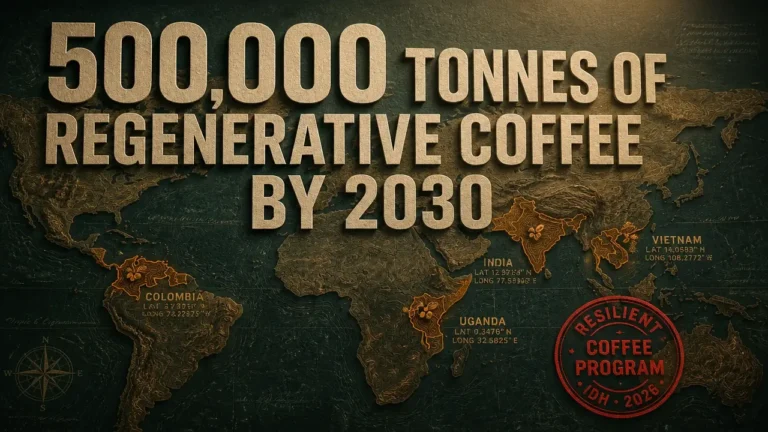 World map with 500,000 tonnes of regenerative coffee by 2030 typography shows the Resilient Coffee Program's global scope.