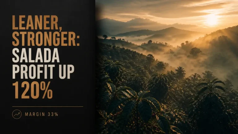 Salada Foods Jamaica results split panel with bold profit typography and misty coffee fields
