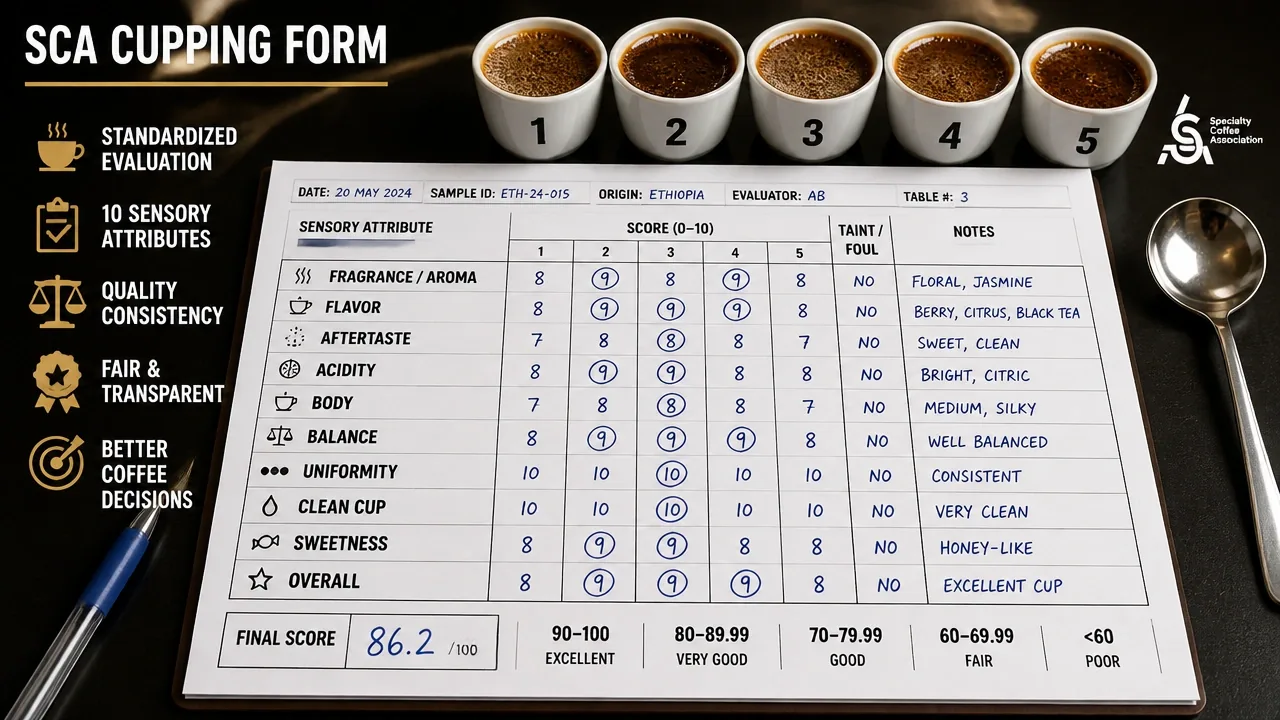 Macro photo of a filled SCA cupping form on a cupping table, showing ten sensory rows, five-cup setup, Taint/Foul columns, and annotated final score field.