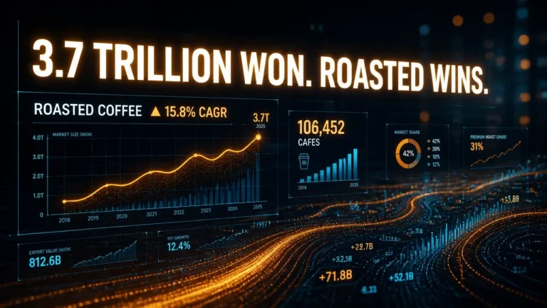 South Korea coffee market data viz with roasted coffee headline, 3.7 trillion won stat, glowing charts.