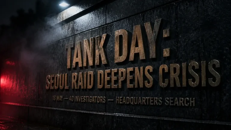 Bronze Tank Day raid headline on dark granite evokes tense Starbucks Korea raid investigation and corporate fallout.