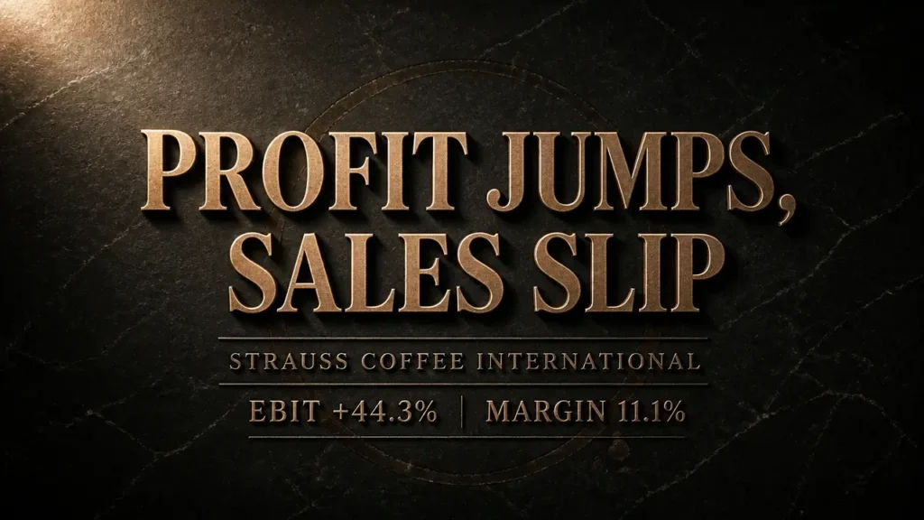 Bronze embossed typography on dark marble highlights Strauss coffee profitability jump despite slipping sales