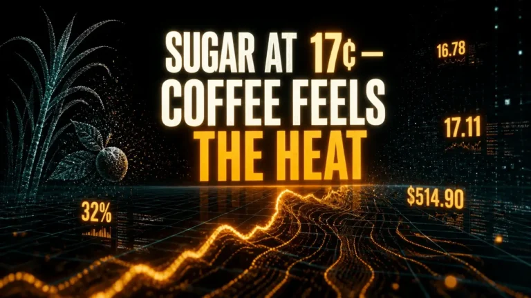Abstract sugar futures rally with glowing 17¢ price data, amber chart waves, coffee cost numbers on dark grid.