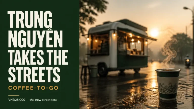 Trung Nguyên coffee-to-go kiosk story shown as split editorial composition with bold typography and moody HCMC street scene