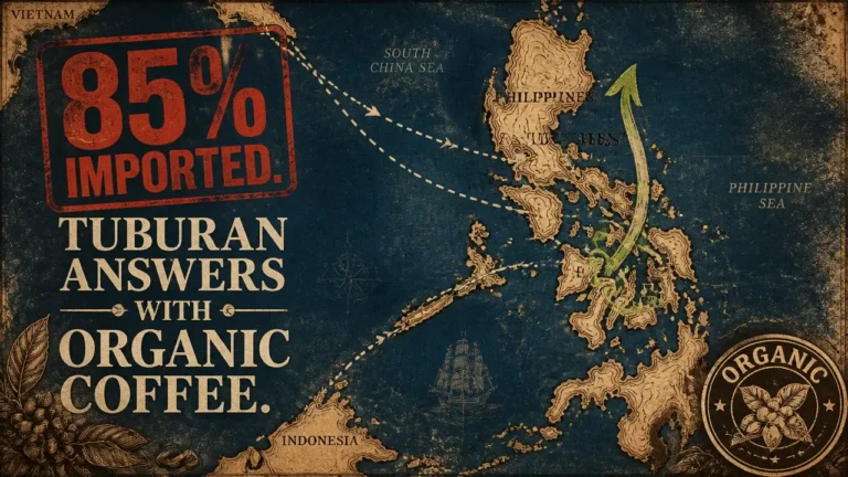 Cartographic editorial art of Tuburan Coffee organic hub in import-heavy Philippine market, overlaying archipelago map and trade route typography