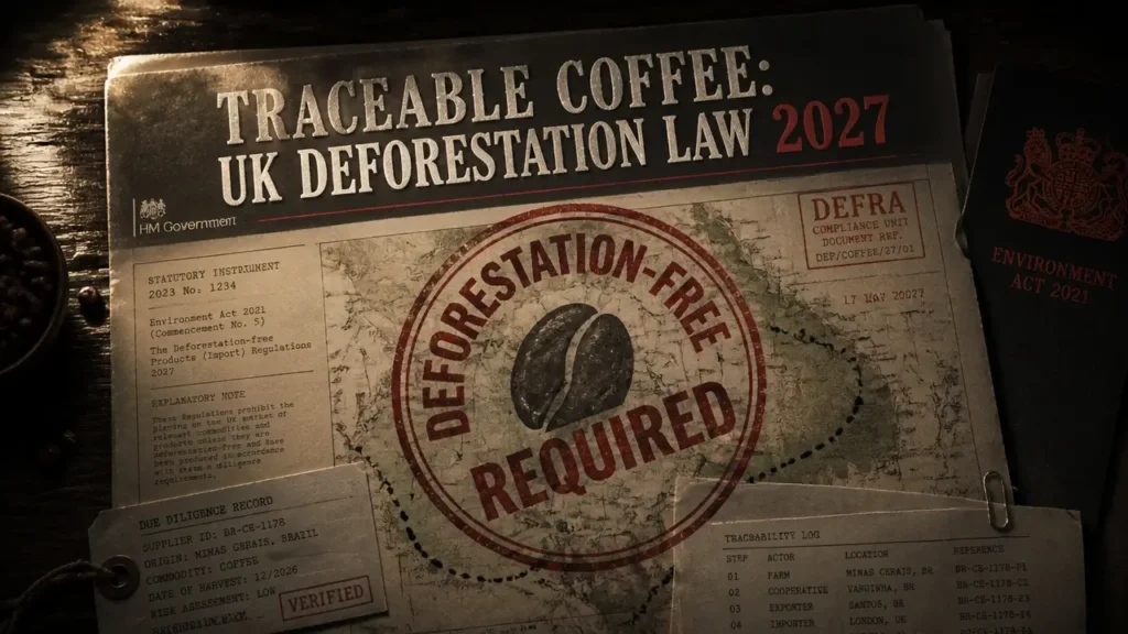 UK coffee deforestation law stamped in red on aged customs documents with traceability map and coffee bean silhouette.
