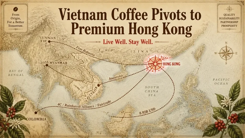Cartographic trade-route map highlighting Hong Kong, with Vietnam coffee exports pivoting toward premium Asian markets.