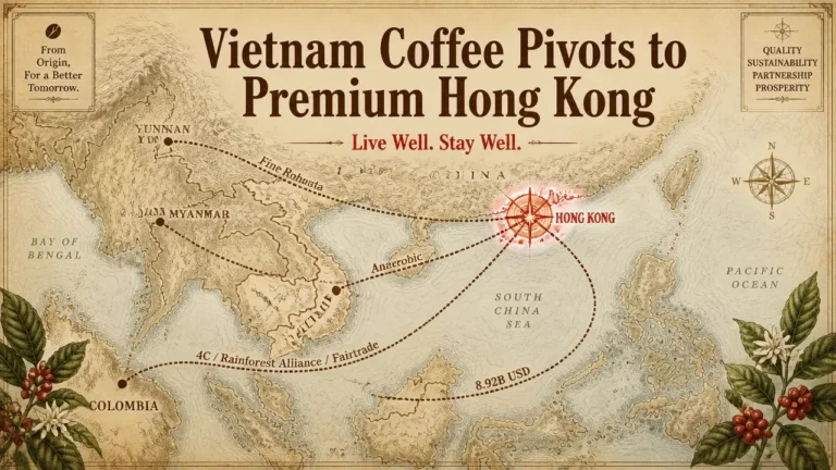 Cartographic trade-route map highlighting Hong Kong, with Vietnam coffee exports pivoting toward premium Asian markets.