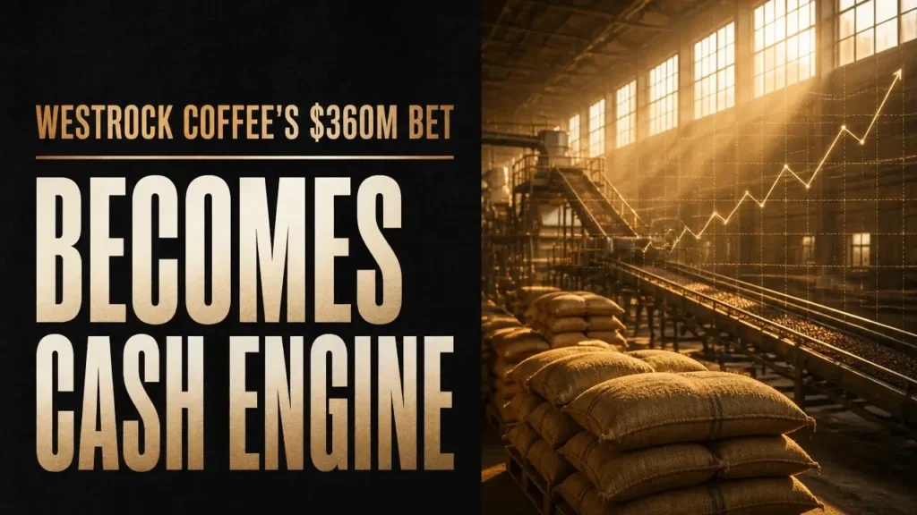 Split graphic declaring Westrock Coffee's cash-generation turn, $360M bet headline beside warm coffee facility interior.