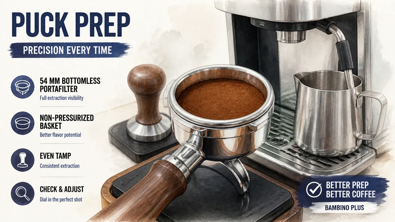 54 mm bottomless portafilter and non-pressurized basket puck prep beside milk pitcher and Bambino Plus steam wand.