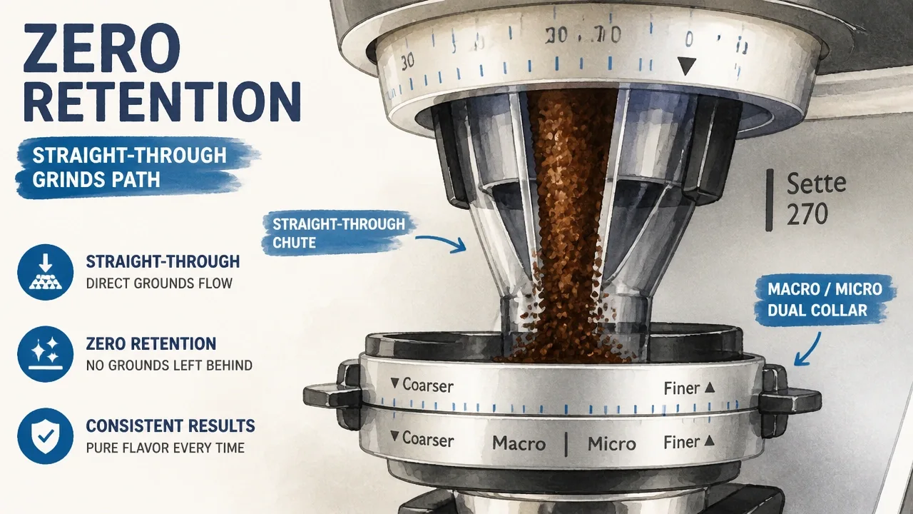 Close-up Baratza Sette 270 straight-through chute and dual collar showing zero-retention grounds path, watercolor infographic