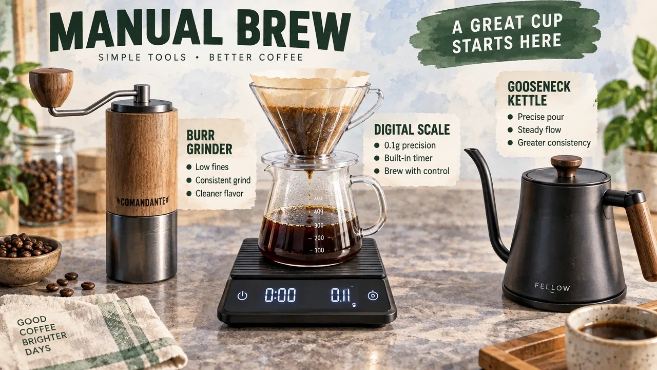 Macro photo of a burr grinder, 0.1g digital scale, and gooseneck kettle as a baseline manual percolation station.