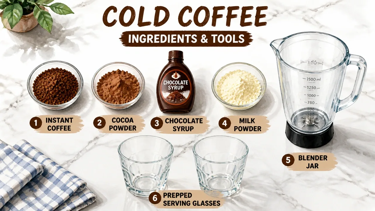 Overhead setup photo of instant coffee, cocoa powder, chocolate syrup, milk powder, blender jar, and serving glasses.