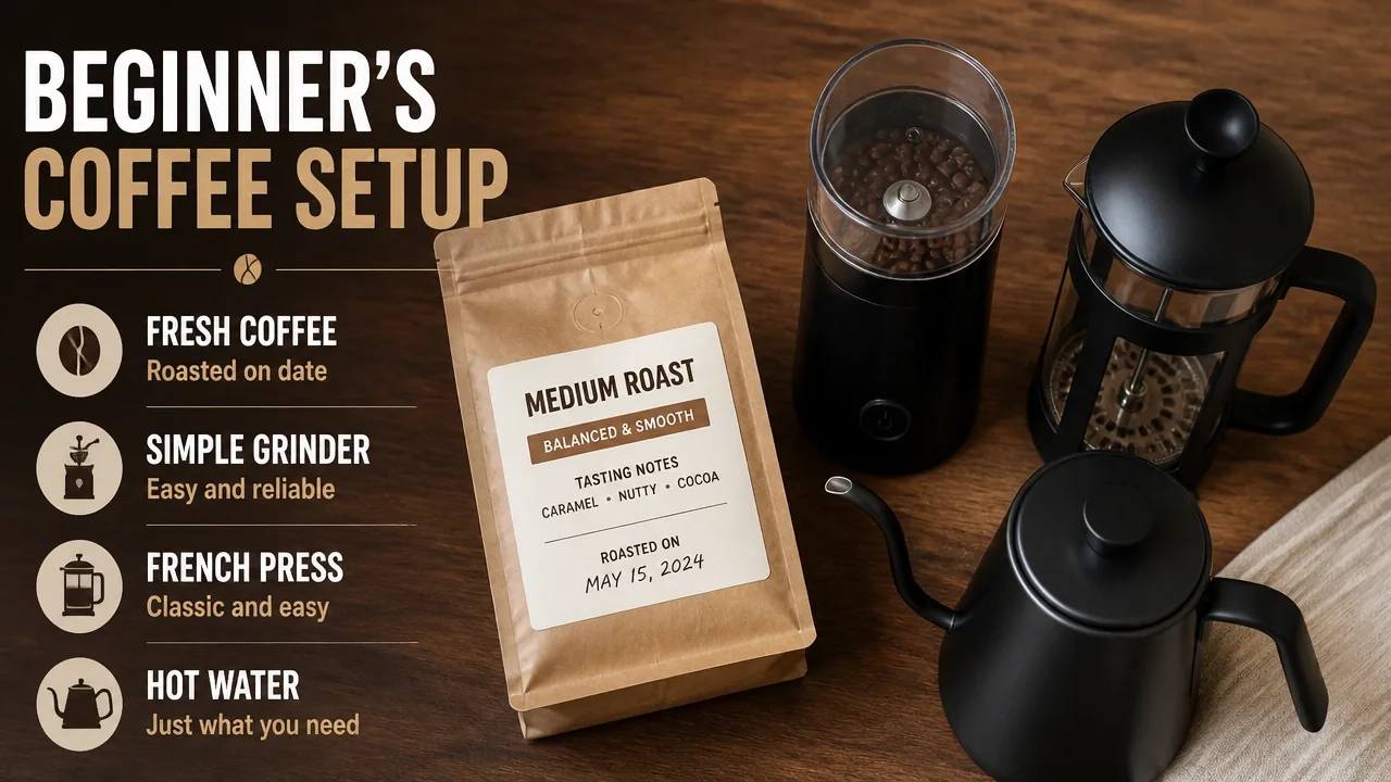 Overhead photo of beginner coffee setup with medium-roast coffee bag, blade grinder, French press, and kettle on a table