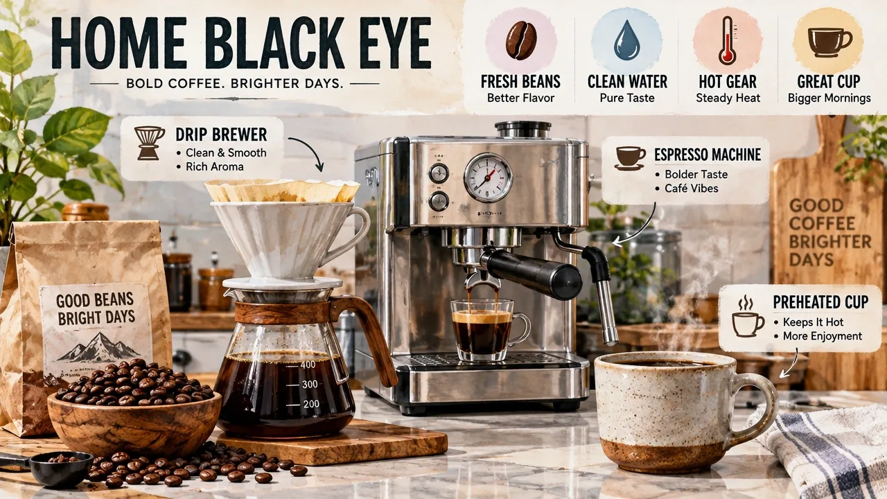 Macro home Black Eye setup with espresso machine, pour-over cone, fresh beans, and a preheated cup on a bright counter.