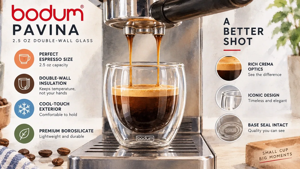 Bodum Pavina 2.5 oz double-wall glass under espresso portafilter showing crema, cool-touch exterior, and intact base seal.