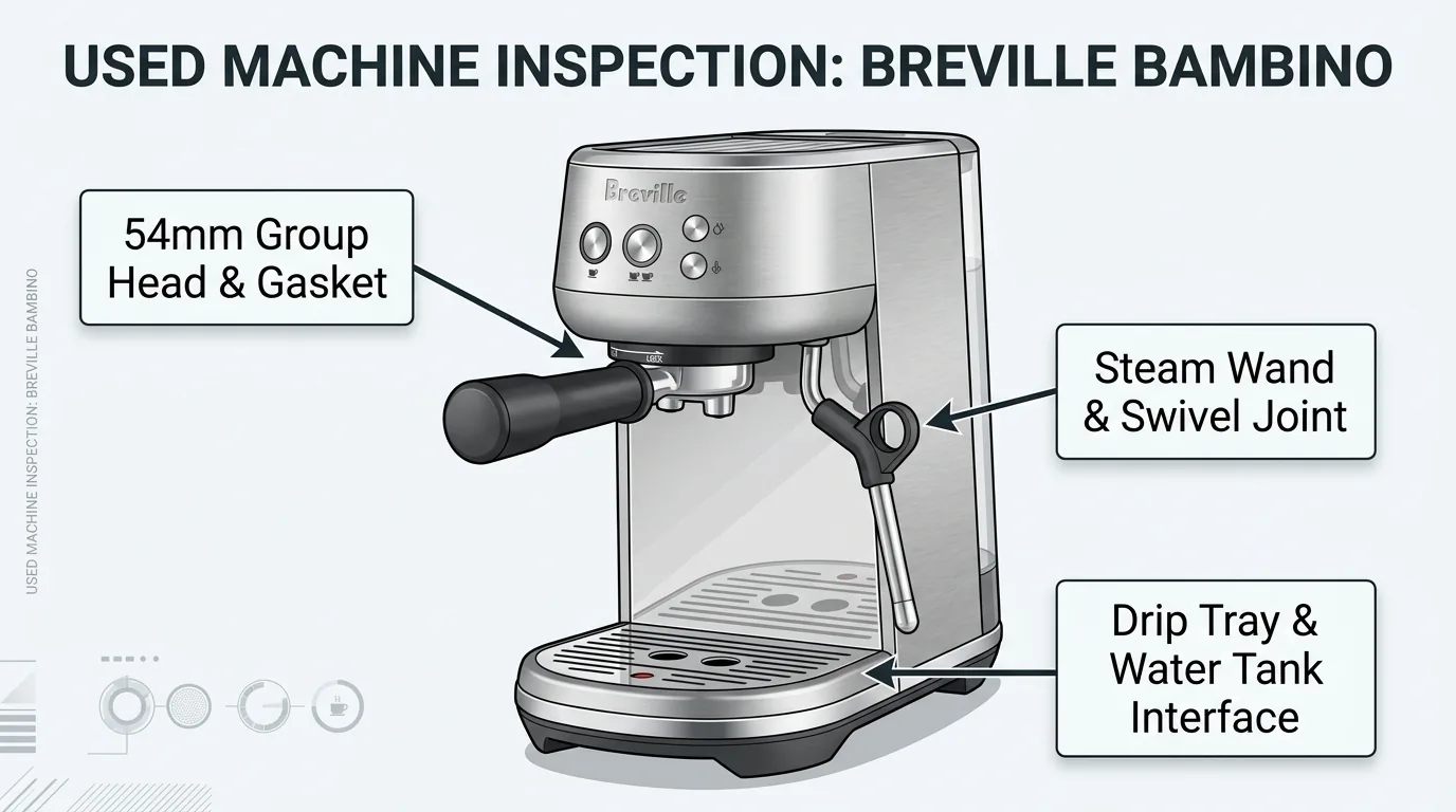 Technical used machine inspection checklist for Breville Bambino espresso machine highlighting group head gasket, steam wand swivel, and drip tray interface