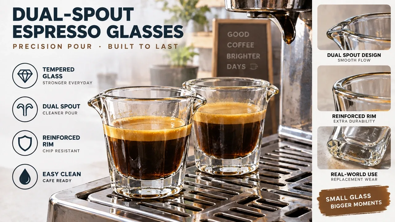 Cafe rotation durability: thick-walled dual-spout tempered glasses on drip tray, reinforced rims, side spouts, replacement wear.
