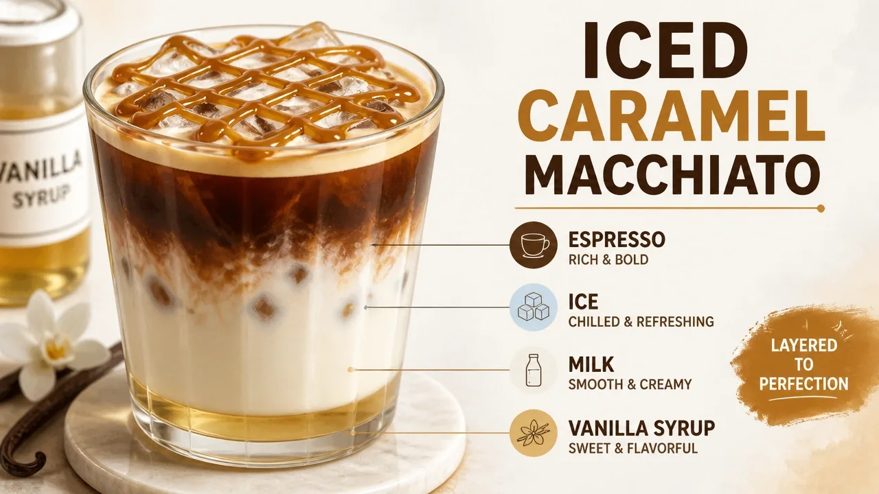 Close-up of vanilla syrup, milk, ice, and espresso layered in a clear glass, topped with crosshatched caramel sauce.