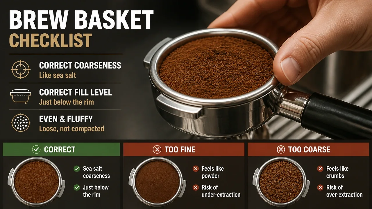 Close-up of a hand inspecting ground coffee in a brew basket to verify correct coarseness and fill level.