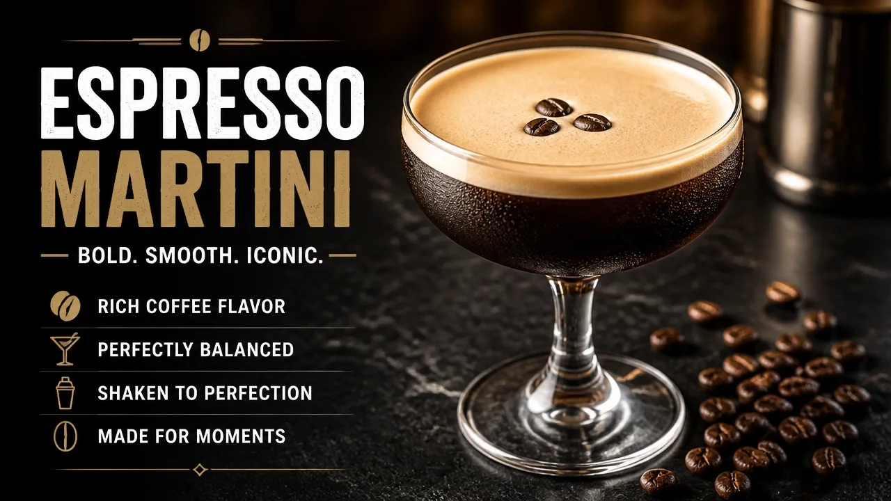 Lượng Calo Trong Espresso Martini: Bóc Tách Từng Thành Phần Mà Nhiều Người Hiểu Sai 5 Macro shot of a classic espresso martini in a chilled coupe, showing a smooth crema layer with dark roasted coffee beans scattered nearby.