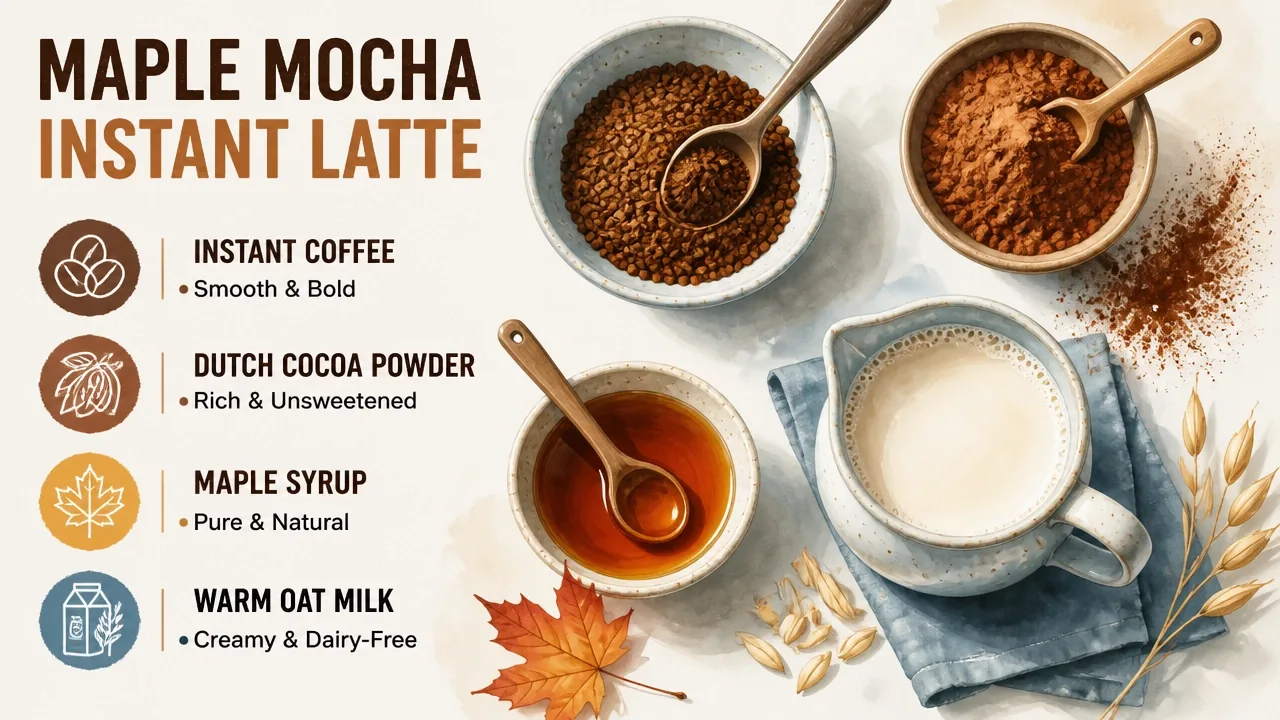 Macro watercolor-style mise en place of instant coffee, Dutch cocoa, maple syrup, and oat milk in small bowls and spoons.