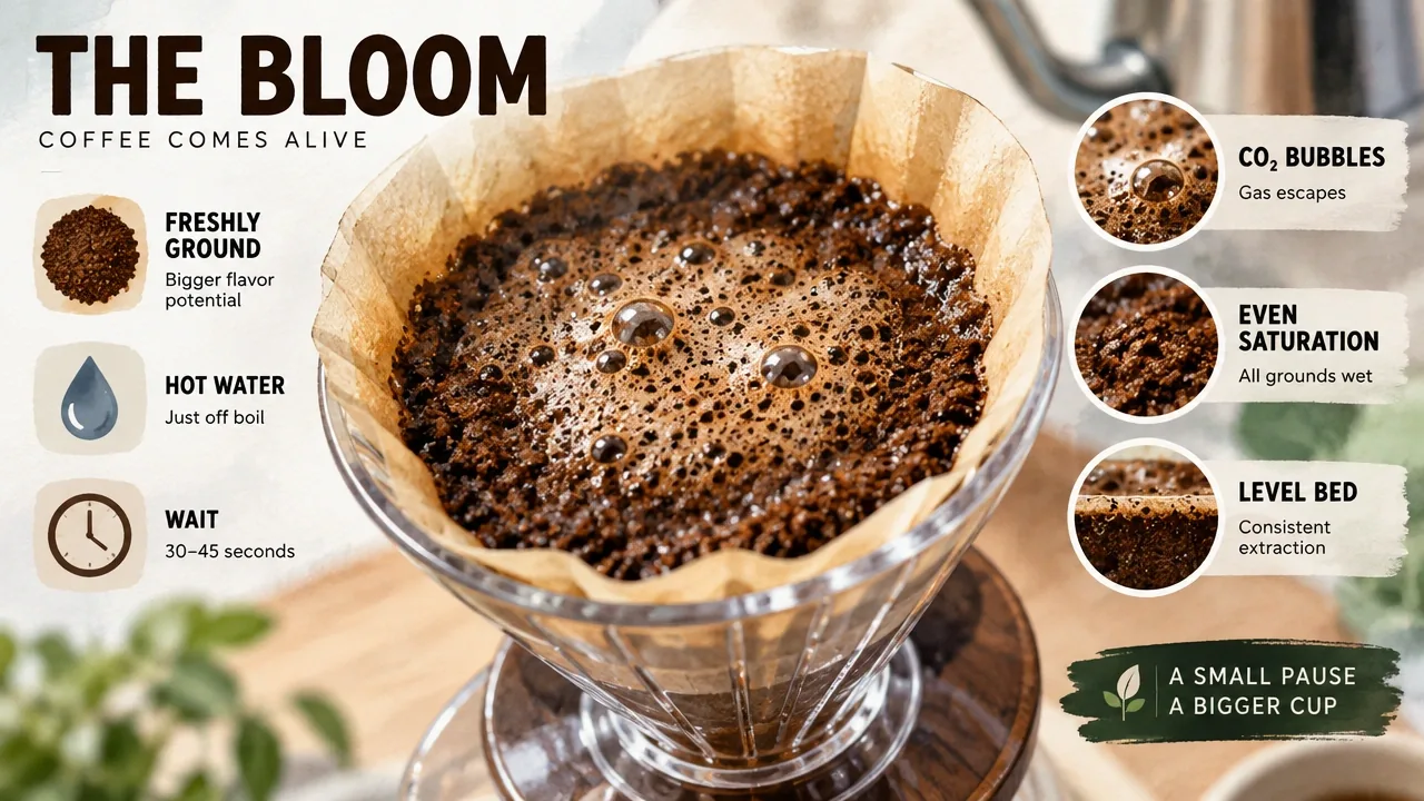 Close-up documentary photo of coffee bloom stage with saturated grounds, escaping CO2 bubbles, and a level slurry bed.