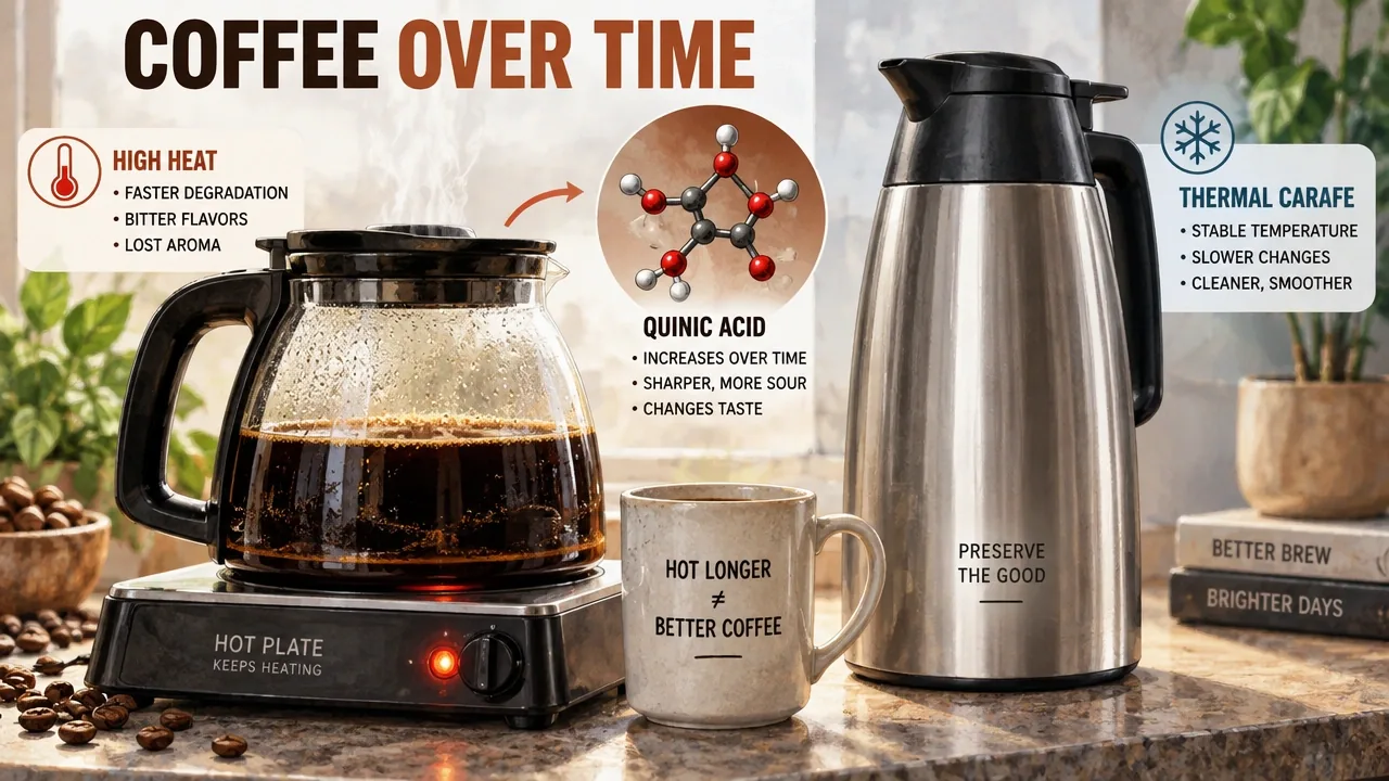 Documentary photo of coffee on a hot plate beside a thermal carafe, showing thermal degradation and quinic acid development.