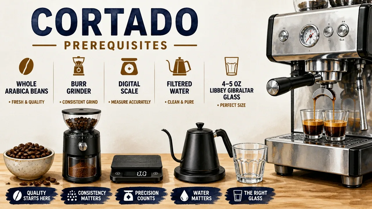 Flat lay of cortado prerequisites: Arabica beans, burr grinder, scale, kettle, and a Gibraltar glass by an espresso machine.