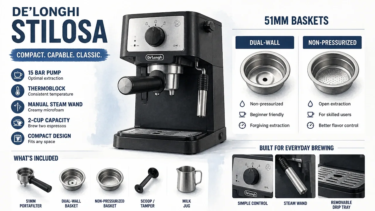 Macro documentary photo of De'Longhi Stilosa portafilter with dual-wall and non-pressurized 51mm baskets side by side.