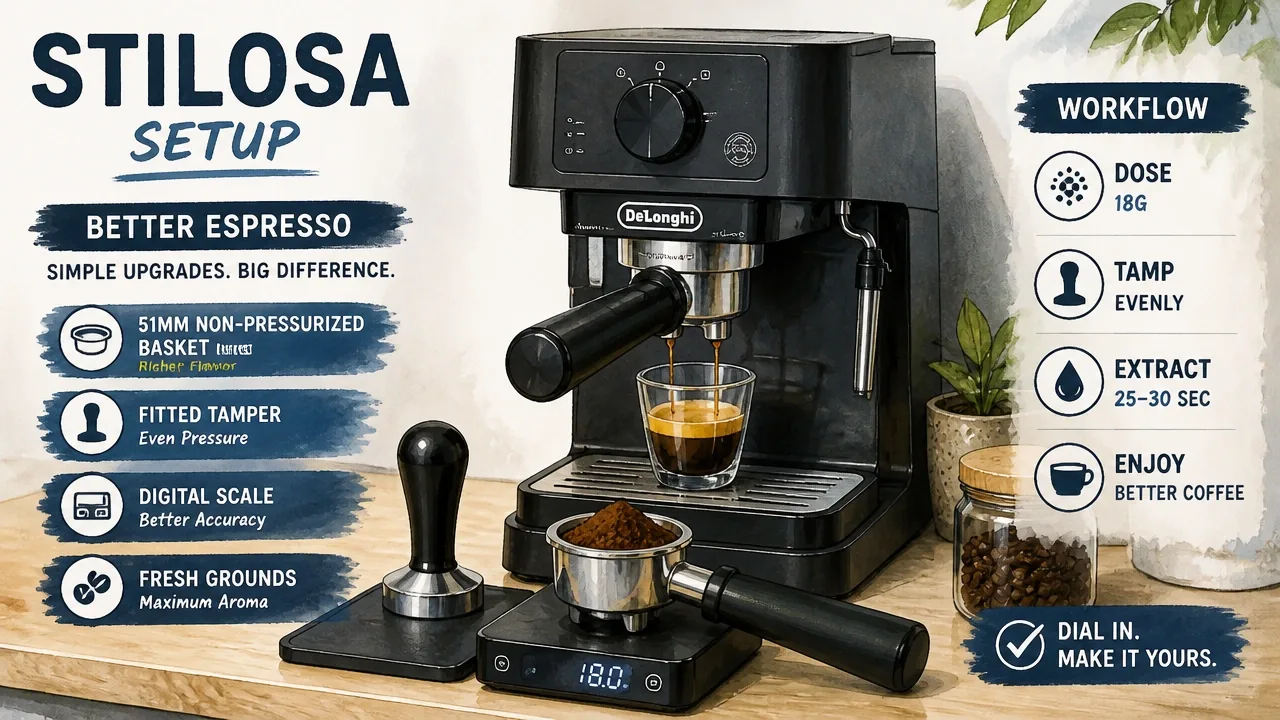 Macro De'Longhi Stilosa EC260BK with 51mm non-pressurized basket, tamper, scale, fresh grounds on compact counter.