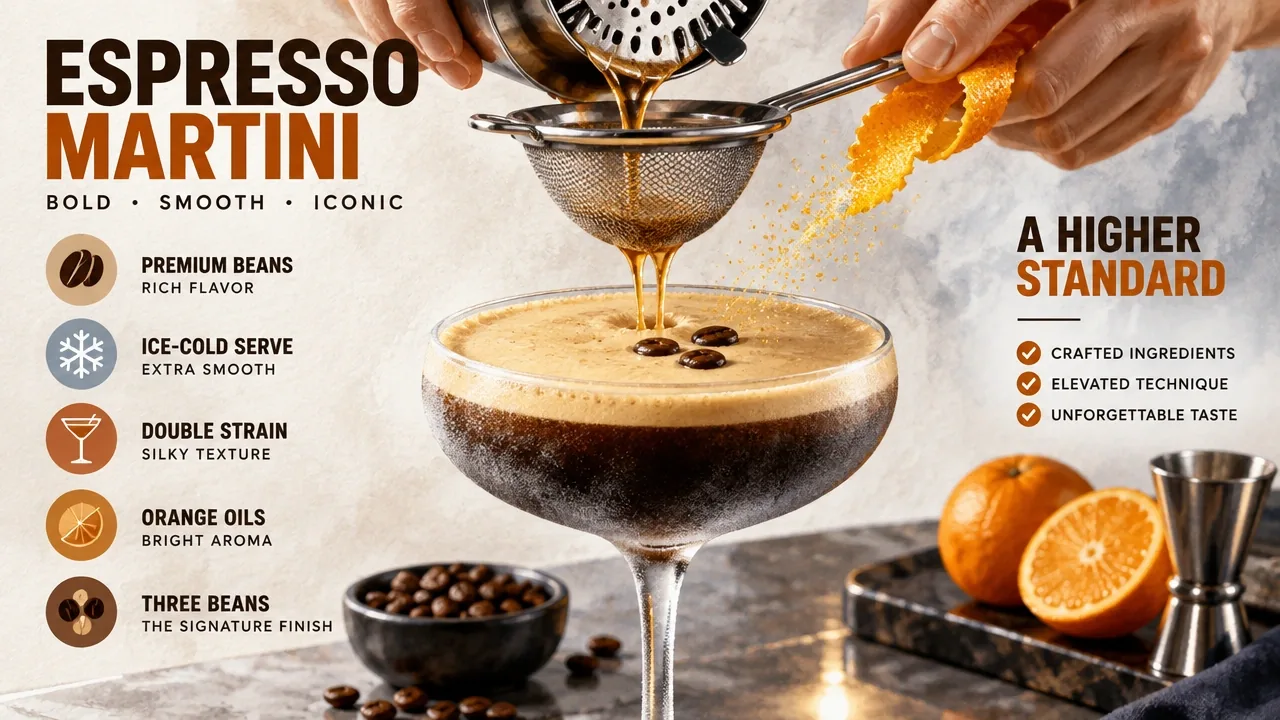 Macro photo of a double-strain cocktail in a chilled coupe, orange oils, and three roasted coffee beans on crema.